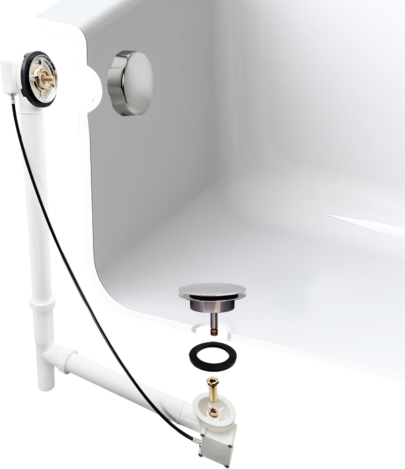 Westbrass D50P27TLE-05 27' Cable Drive Standard Bath Drain Trim Kit with Rotary Overflow Cover Knob, Pop-Up Stopper and Poly Tubular Pipes & Fittings, Polished Nickel (4-Pack)