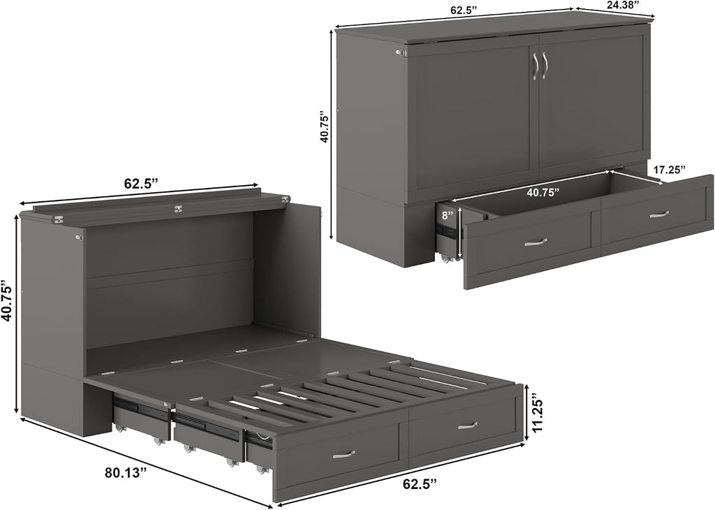 AFI Hamilton Queen Murphy Bed Chest with Mattress, Storage, and Built-in Charger in Grey