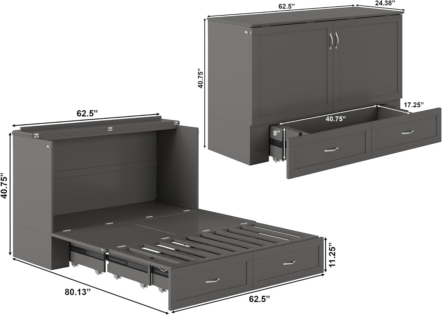 AFI Hamilton Queen Murphy Bed Chest with Mattress, Storage, and Built-in Charger in Grey
