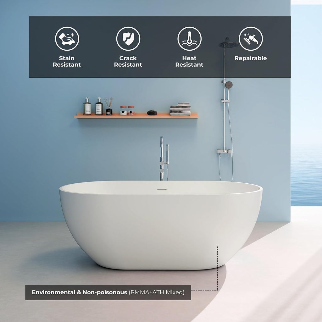 Premium 59' Solid Surface Freestanding Bathtub, Upgraded Oval Stone Resin Tub with Overflow and Pop-up Drain, Matte White