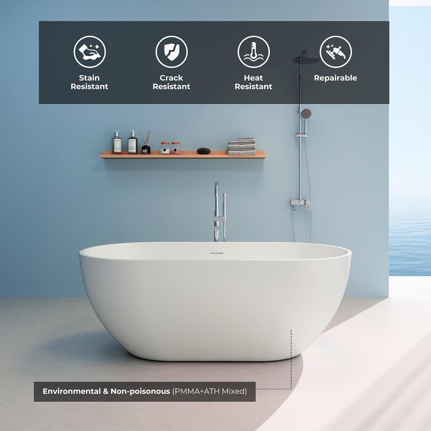 Premium 59' Solid Surface Freestanding Bathtub, Upgraded Oval Stone Resin Tub with Overflow and Pop-up Drain, Matte White
