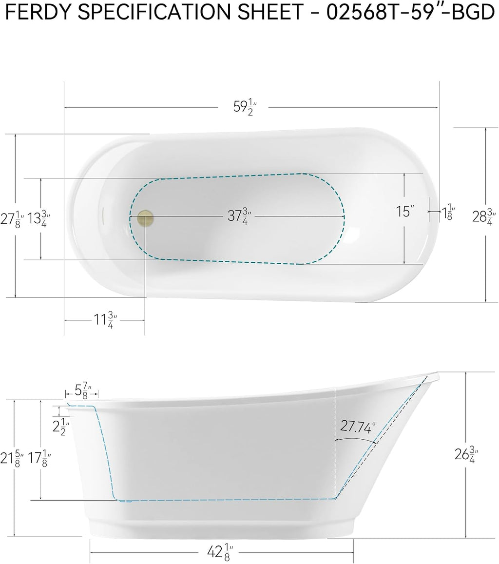 FerdY Langkawi 59' Acrylic Freestanding Bathtub, White Modern Stand Alone Soaking Bathtub, cUPC Certified, Brushed Gold Drain and Minimalist Linear Design Overflow Included, Easy to Install