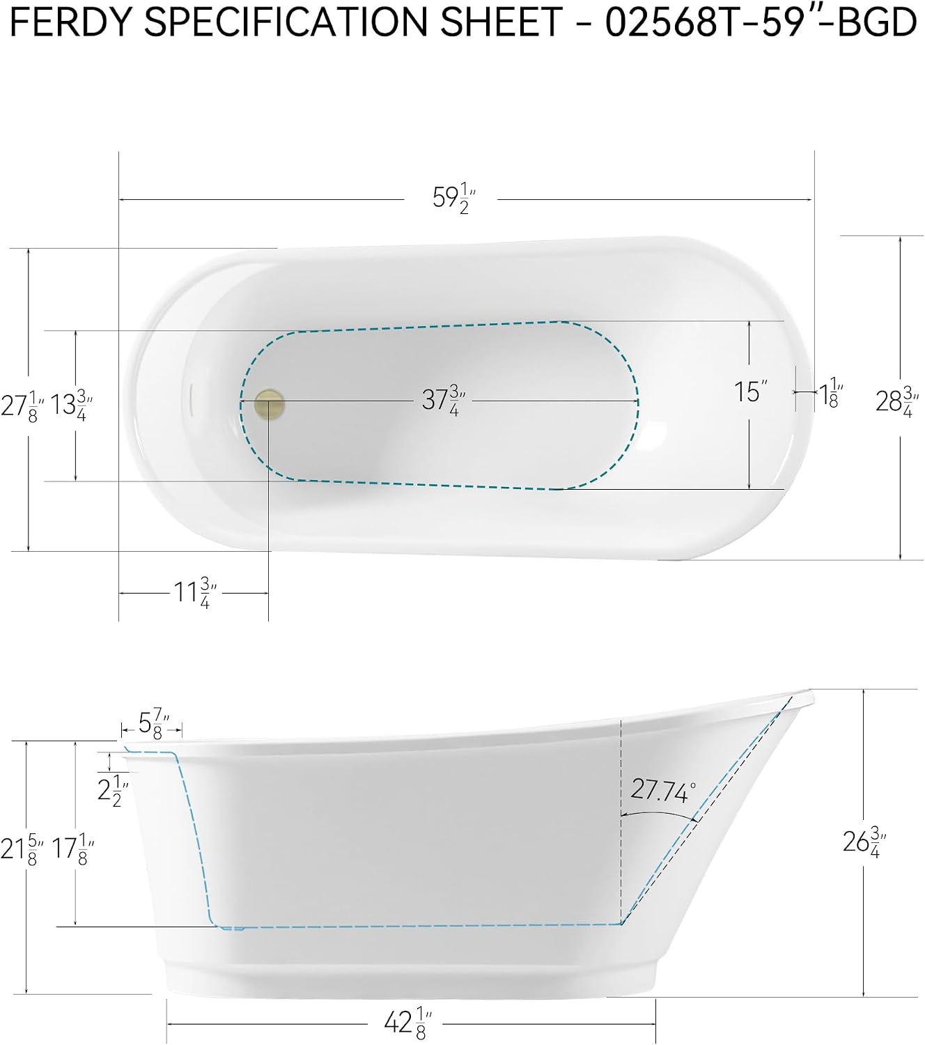 FerdY Langkawi 59' Acrylic Freestanding Bathtub, White Modern Stand Alone Soaking Bathtub, cUPC Certified, Brushed Gold Drain and Minimalist Linear Design Overflow Included, Easy to Install