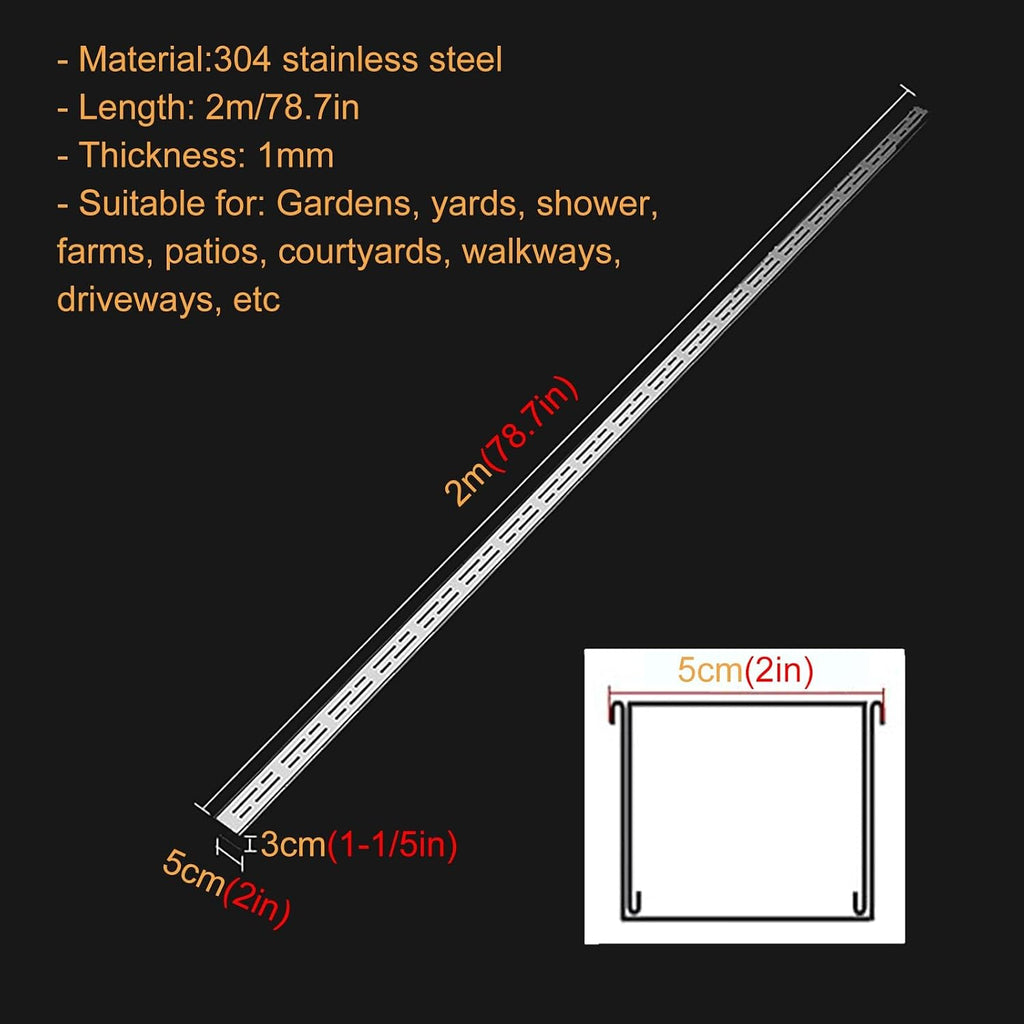 78.7in/ 6.5ft Long Trench Drain System for Yard Low Profile/ Patio/ Driveway, Heavy Duty 2-in Slim Channel Drain and Grate Kit, 4' 2 4/5 Wide Stainless Steel Outdoor Linear Drain Channel(W x H - 2x1 1