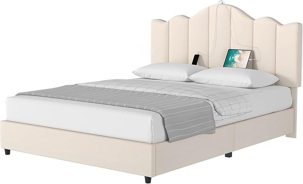 VECELO Queen Size Platform Bed Frame with Type-C & USB Charging Stations/4 Storage Drawers, Upholstered Adjustable Headboard, Strong Wooden Slats Support, No Box Spring Needed, Easy Assembly