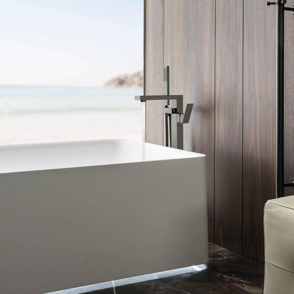KIBI Cube Brushed Nickel Freestanding Bathtub Faucet ‑ Floor‑Mounted Brass Tub Filler | Single‑Handle Bathroom Faucets with Hand Shower, Ceramic Cartridge & Stainless Steel Hose (KTF302BG)