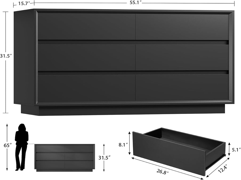 TEENFON 55' Dresser for Bedroom with 6 Drawers, Black Dresser with Metal Slide, Bedroom Dressers, Wood Dressers & Chests of Drawers for Bedroom, Hallway, Black