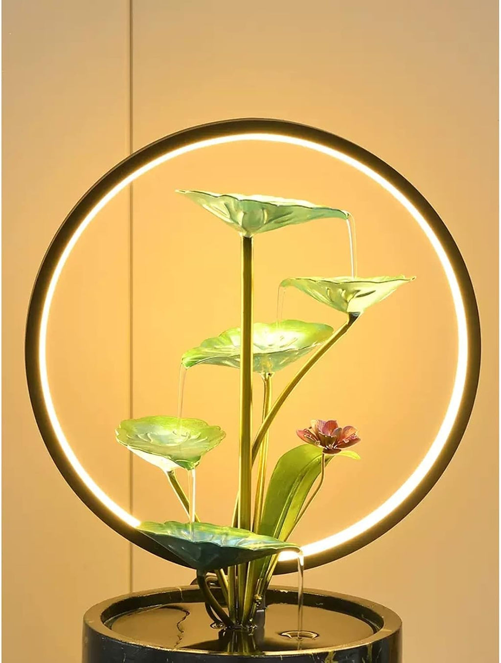 HIHELO Desktop Fountain Indoor Fountain 5 Tiers Lotus Leaf Tabletop Fountain Relaxing Waterfall Room Decoration LED with Round Scene Light Water Fountain Outdoor (Color : Black)
