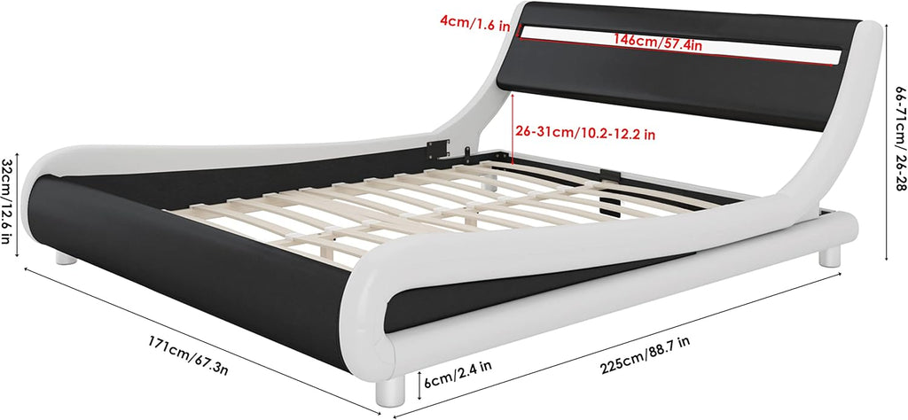 Keyluv Upholstered Queen LED Bed Frame with Headboard, Modern Low Profile Platform Bed with Strong Slats Support, Faux Leather Wave-Like Bed Frame, Easy Assembly, No Box Spring Needed, Blackwhite