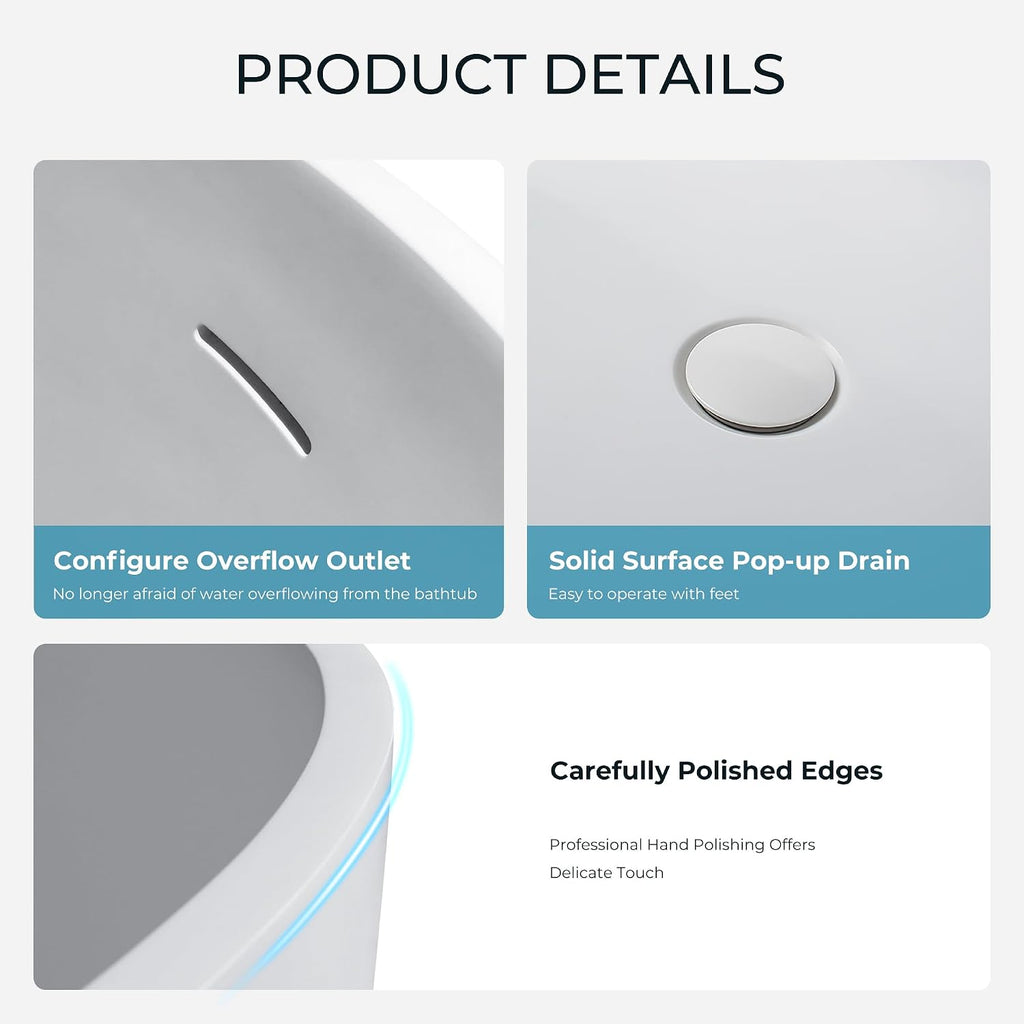 69' Premium Solid Surface Freestanding Bathtub, Oval Stone Resin Tub with Overflow and Pop-up Drain, Matte White