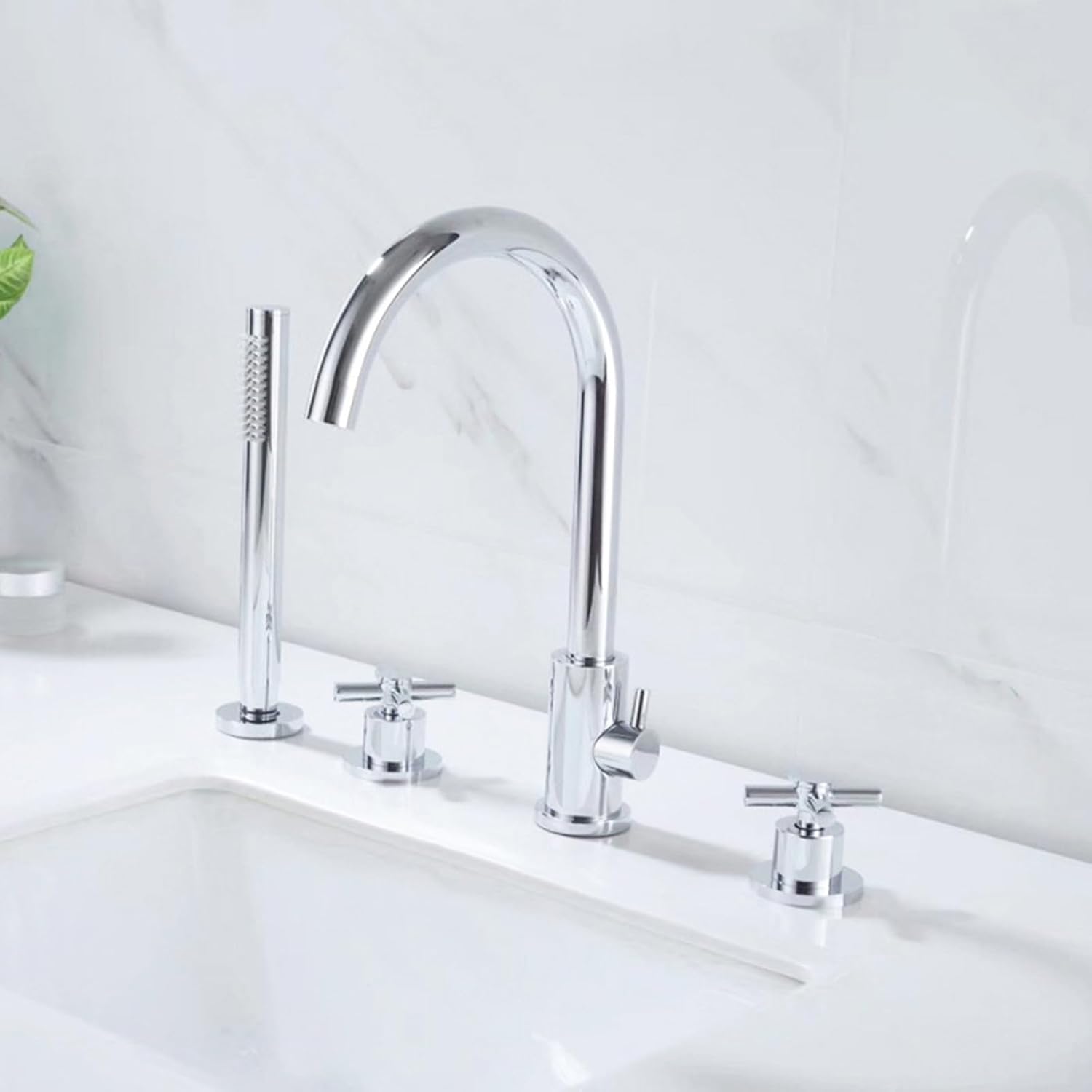 Bath Mixer Tap with Shower Attachment, 3-Hole Bathtub Tap Shower Head and Hose Set for Bath Taps Chrome,B