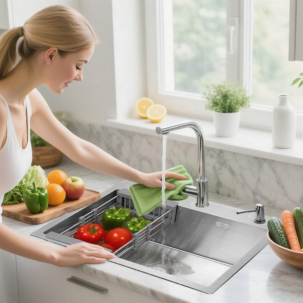 27 inch Kitchen Sink Drop in Stainless Steel Top Mount Sink with Brushed Finish, Single Bowl Workstation Sink with Basket Strainer and Kitchen Sink Caddy Organizer 26.8'D x 17.7'W x 8.3'H