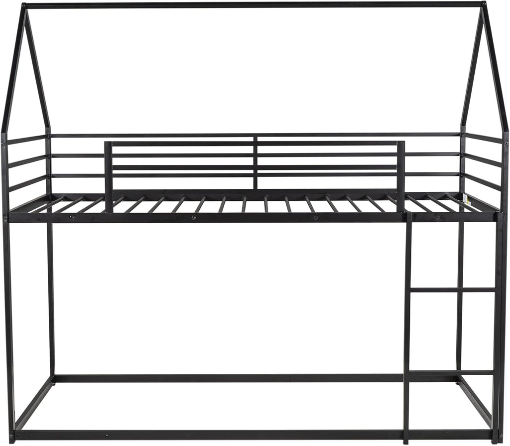MERITLINE Metal Bunk Bed Twin Over Twin Size House Shaped Bunk Bed Frame Low Bunk Beds for Kids and Toddlers, Twin Size