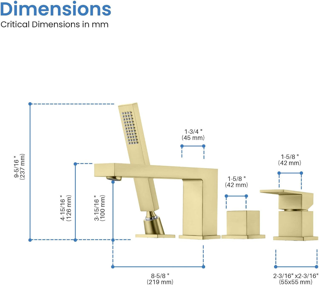 KIBI Cube Single Handle Roman Tub Faucet with Hand Shower | Deck Mounted Bathtub Faucet Set with Solid Brass Construction, Smooth Water Flow & Diverter for Easy Operation (Brushed Gold, KTF3102)