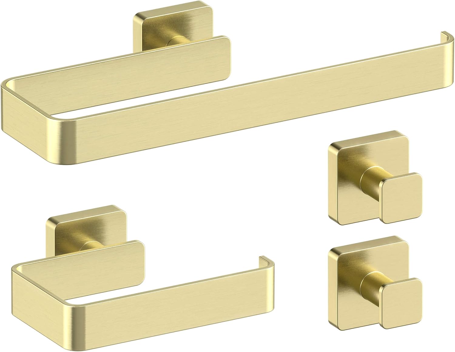 KIBI Blaze 4-Piece Bathroom Hardware Set – Includes Towel Bar, Toilet Paper Holder & 2 Robe Hook, Solid Brass, Wall-Mounted, Rust-Resistant, Modern Bath Accessories (Brushed Gold, KBA16-4-1)