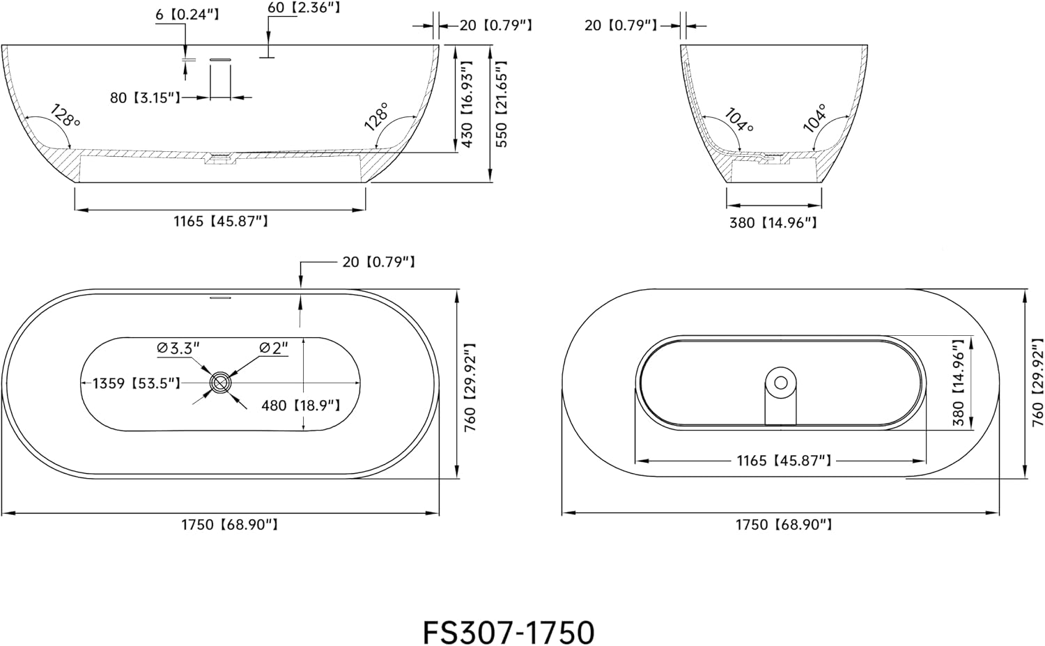 69' Stone Resin Freestanding Bathtub, Oval Solid Surface Bathroom Freestanding Tub, Thin Edge Stand Alone Tub with Integrated Slotted Overflow and Pop-up Drain, Matte Black AFS307-1750