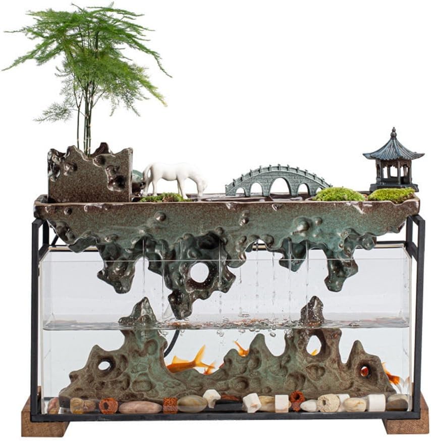 GUERNSEY Tabletop Fountain Zen Chinese Style Circulating Rockery Water Fountain Creative Home Living Room Glass Fish Tank Decoration Indoor Waterfall Feature Indoor Fountain
