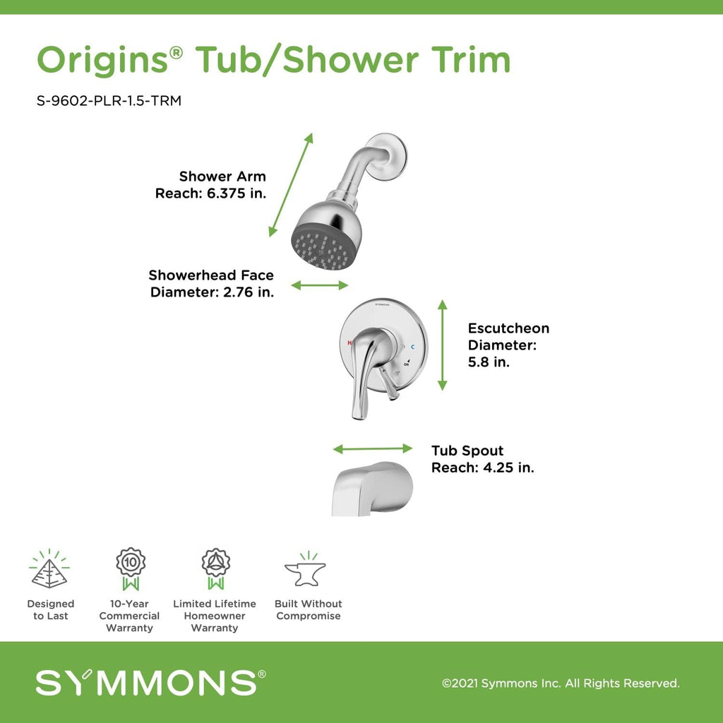 Symmons S-9602-PLR-1.5-TRM Origins Single Handle 1-Spray Tub and Shower Faucet Trim in Polished Chrome - 1.5 GPM (Valve Not Included)