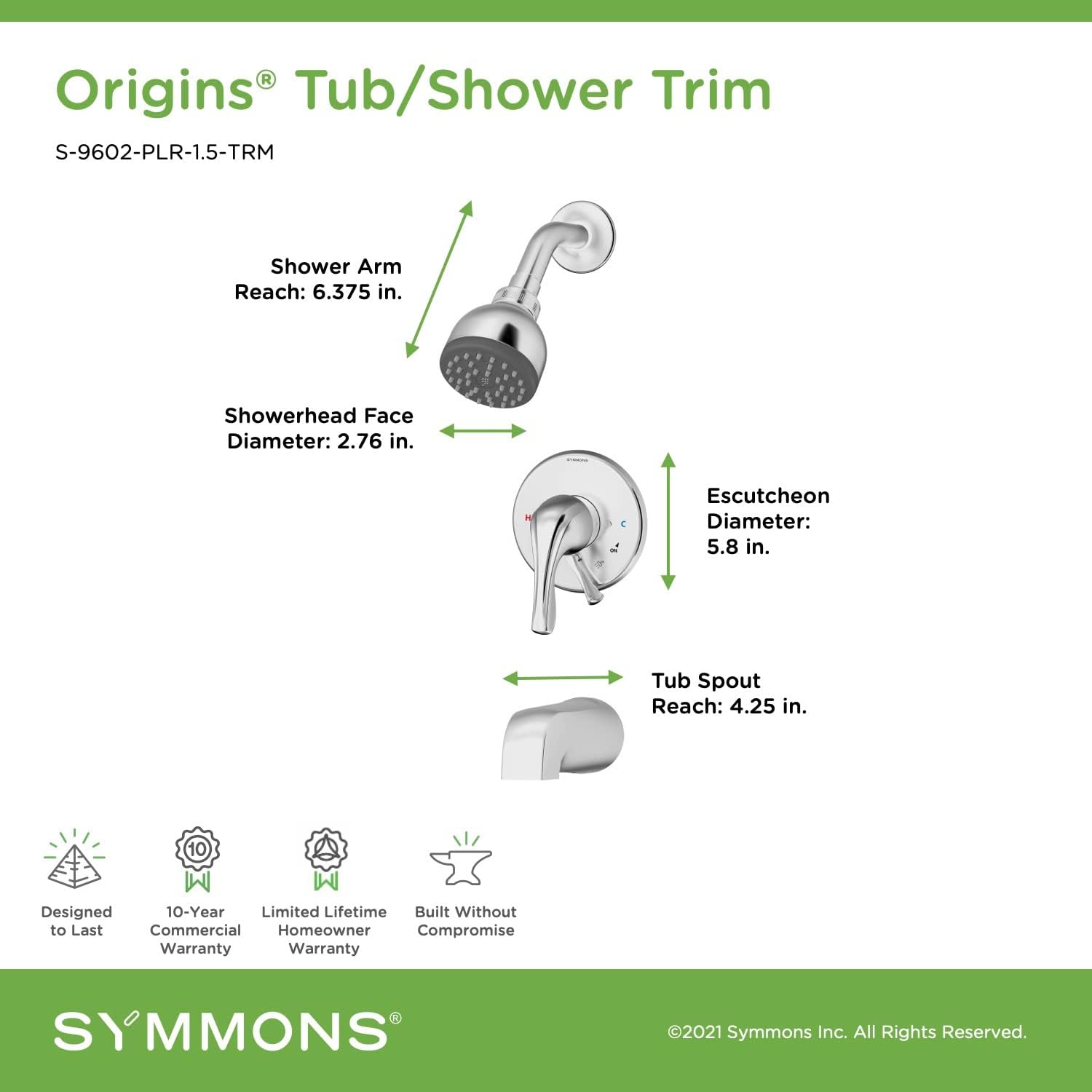 Symmons S-9602-PLR-1.5-TRM Origins Single Handle 1-Spray Tub and Shower Faucet Trim in Polished Chrome - 1.5 GPM (Valve Not Included)