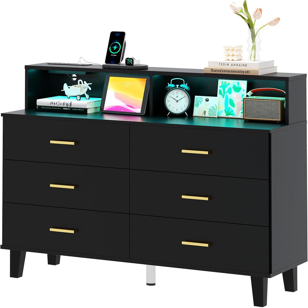 UNIQUITE 6 Drawers Dresser with LED Light and Power Outlet, Wood Black Dressers for Bedroom & Chests of Drawers, Large Double Dressers for Bedroom, Entryway, Hallway