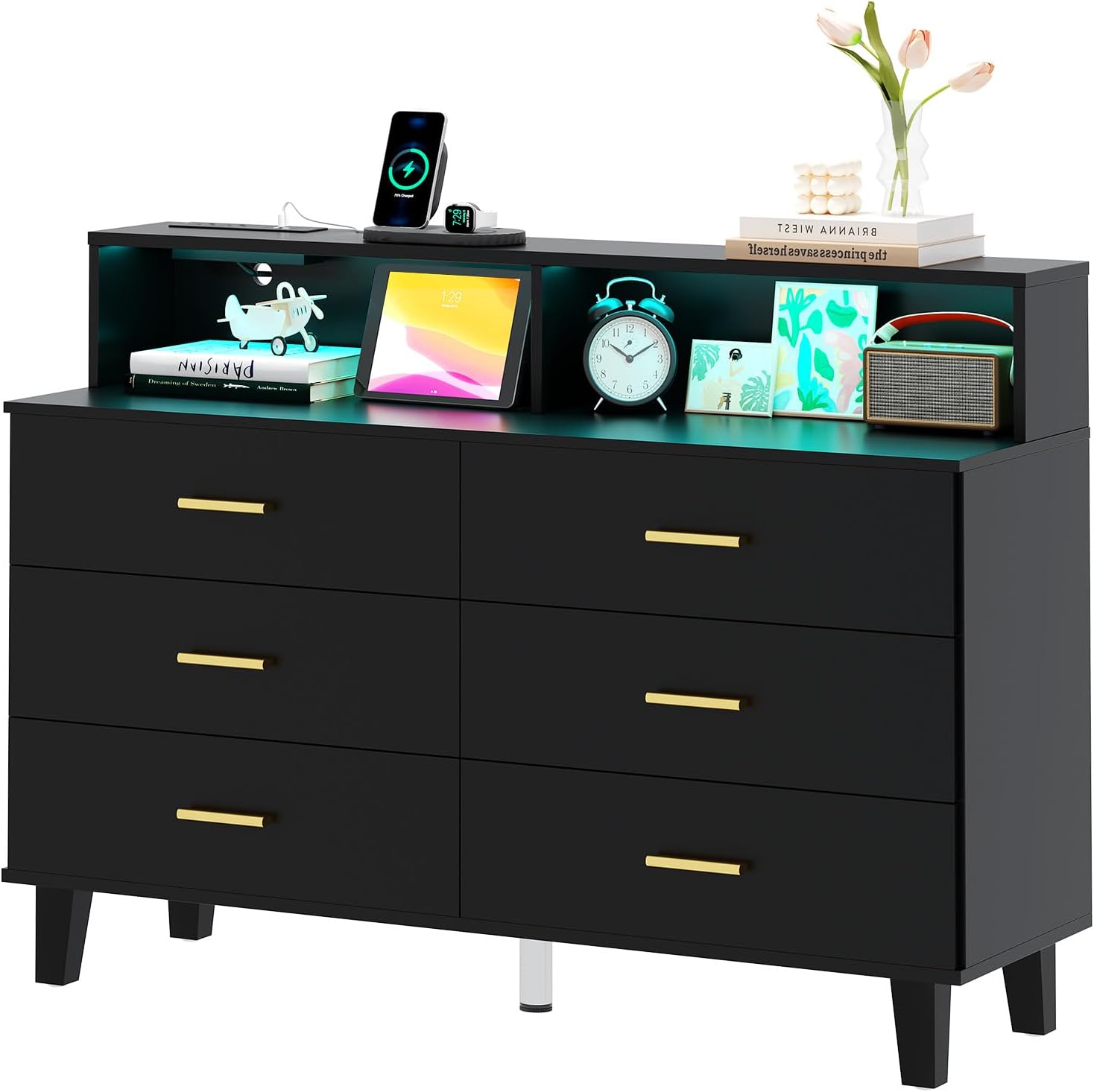 UNIQUITE 6 Drawers Dresser with LED Light and Power Outlet, Wood Black Dressers for Bedroom & Chests of Drawers, Large Double Dressers for Bedroom, Entryway, Hallway