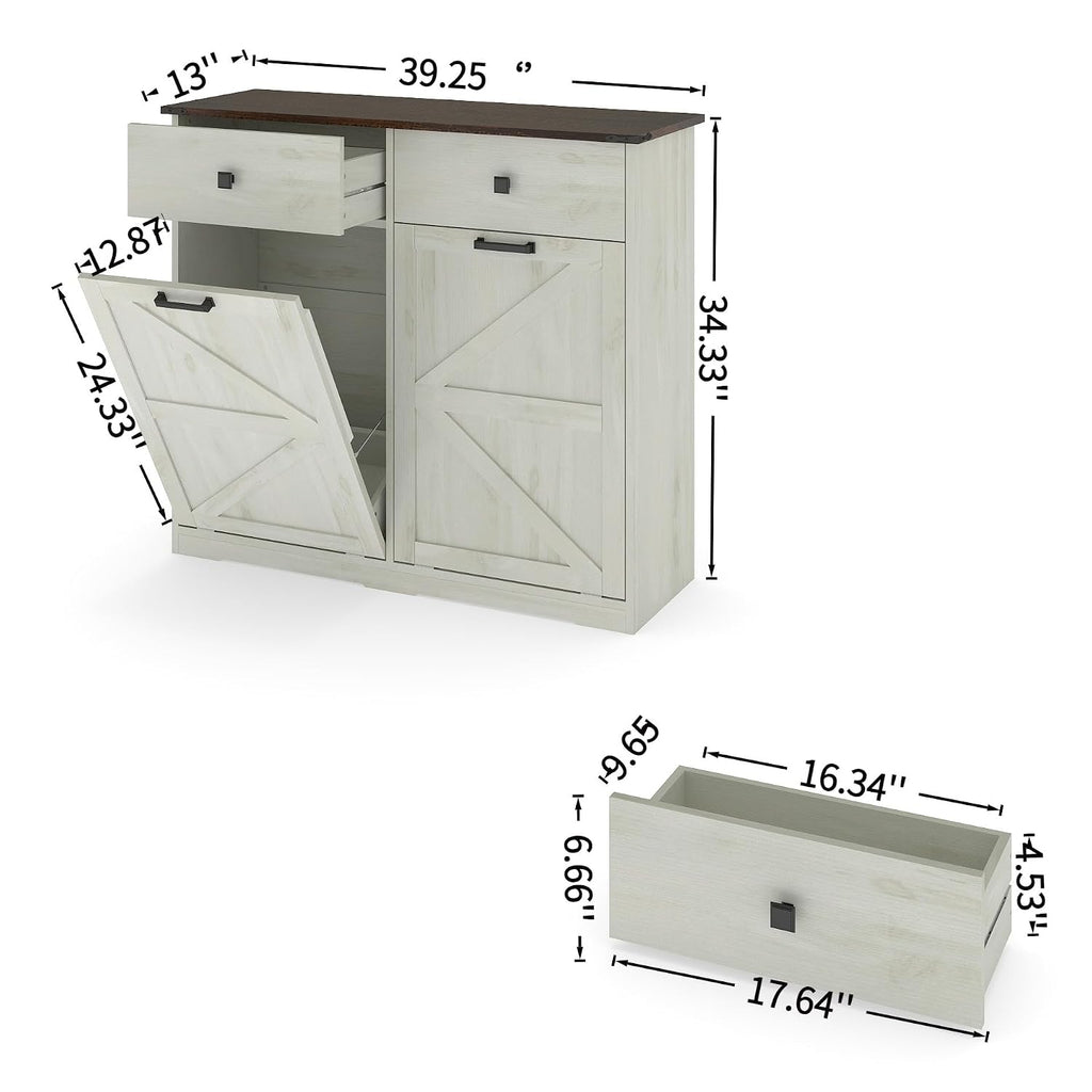 Farmhouse Double Tilt-Out Trash Cans for 2×10 Gallon Bins, Barn Door Style Recycling Cans w/ Hideaway Drawer, Free-Standing Kitchen Garbage Bin Holder, Laundry Sorter Cabinet w/ Tilt-Out Design.
