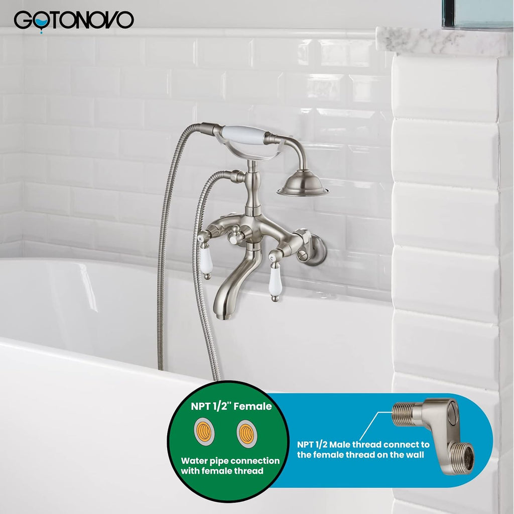 gotonovo Brushed Nickel Clawfoot Tub Faucet Wall Mount with Hand Held Shower Sprayer Bathtub Faucet Set Double Level Handle 6 Inch Center with Adapter Adjustable Swing Arms