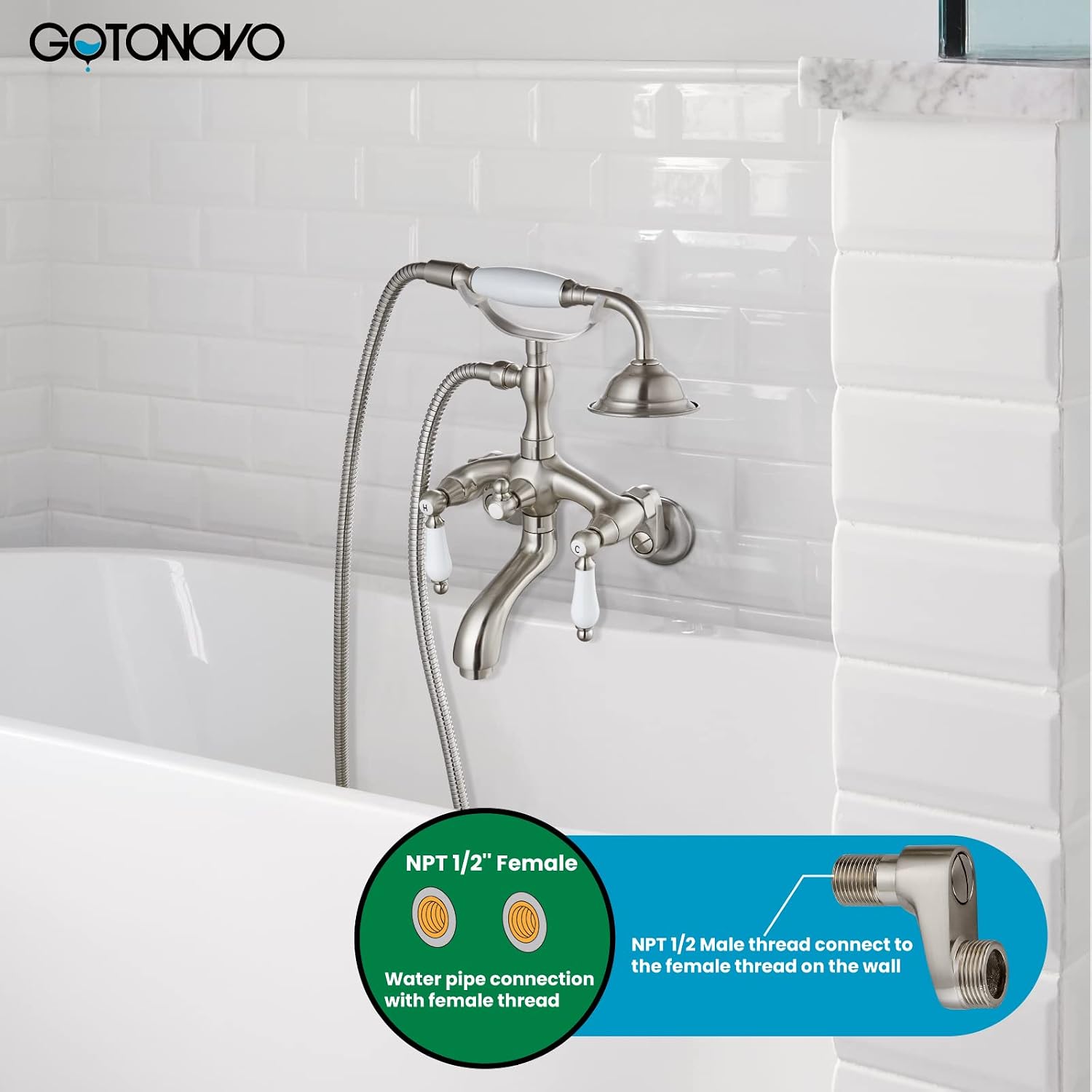 gotonovo Brushed Nickel Clawfoot Tub Faucet Wall Mount with Hand Held Shower Sprayer Bathtub Faucet Set Double Level Handle 6 Inch Center with Adapter Adjustable Swing Arms