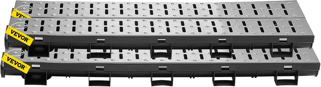 VEVOR Trench Drain System 5 Pack, Channel Drain with Metal Grate 5.7 x 3.1 in HDPE Drainage Trench, Black Plastic Garage Floor Waterway 5 x 39 in with 5 End Caps for Garden Driveway