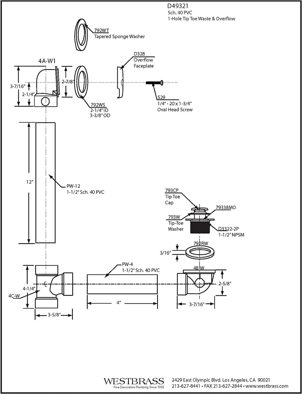 Westbrass D49321-4-62 1-1/2' x 12' Bath Waste & Overflow Assembly with One-Hole Faceplate Cover and Tip-Toe Drain Plug - SCH. 40 PVC, Matte Black (4-Pack)