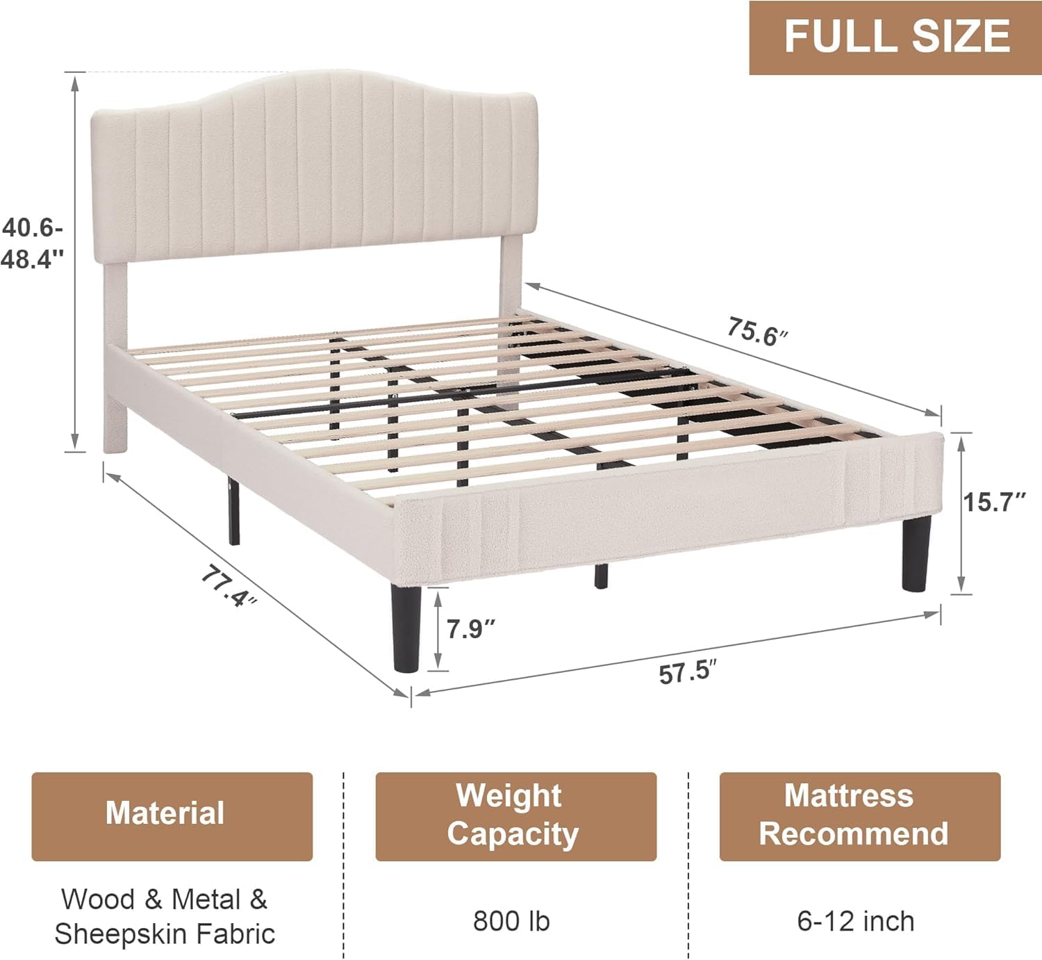 VECELO Full Size Upholstered Platform Bed Frame with Adjustable Teddy Fabric Headboard, Strong Wood Slats, 7.9' Under-Bed Storage, Noise-Free, No Box Spring Needed - Beige