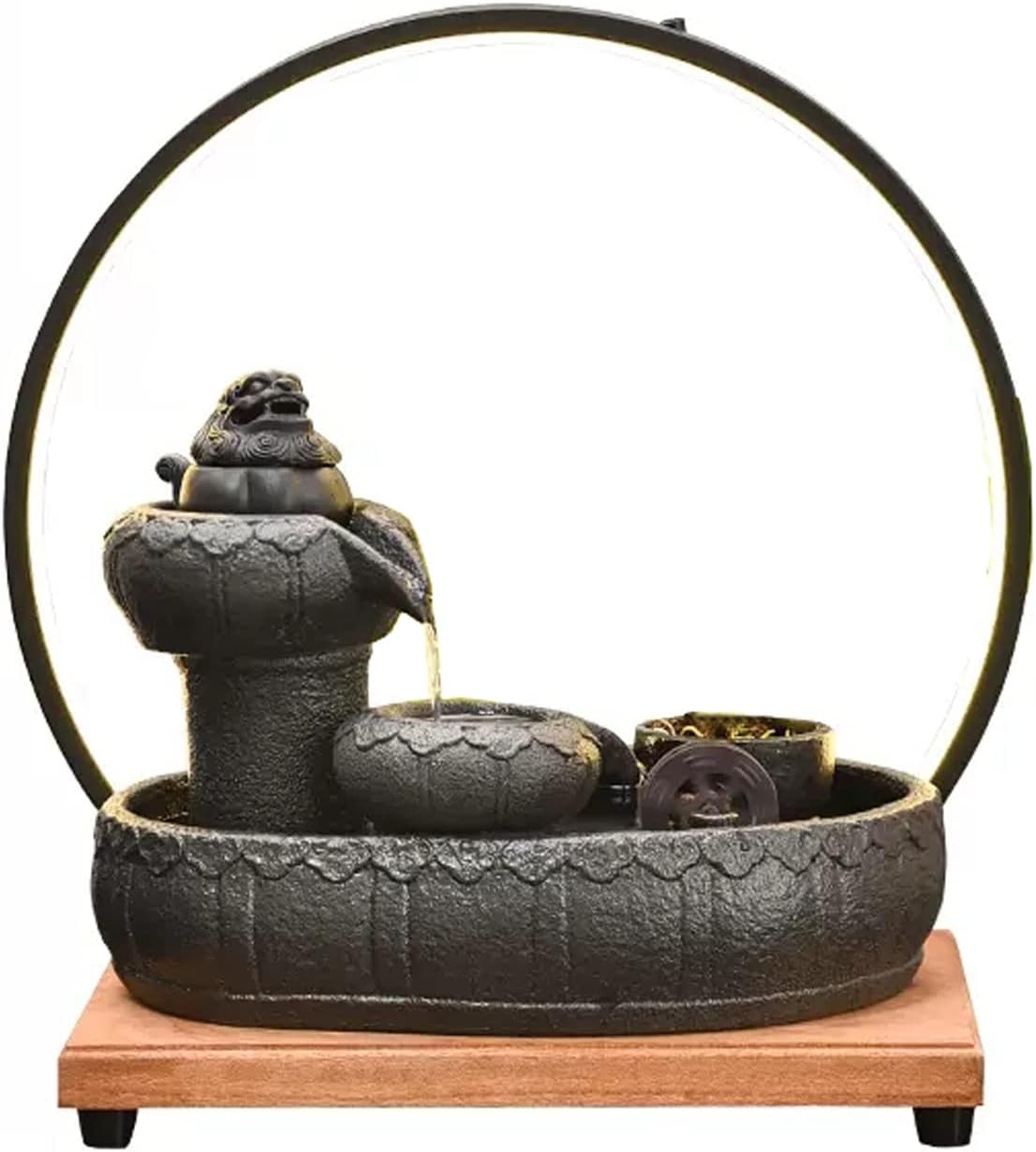 Indoor Fountain Ceramic Table Fountain with Wooden Base and LED Ring Light Ceramic Table Fountain for Indoor Home Decor, Table, Desk, Office, Patio Tabletop Fountain