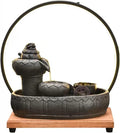 HIHELO Desktop Fountain Ceramic Desktop Fountain with Wood Base and LED Light Ring Indoor Ceramic Tabletop Fountain for Home Decoration Water Fountain Outdoor