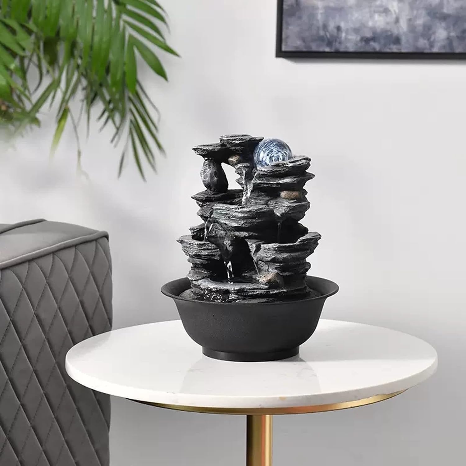 HIHELO Desktop Fountain Tabletop Fountain Resin Laminated Rock Waterfall Zen Meditation Fountain Indoor Desktop Fountain for Office Home Bedroom Water Fountain Outdoor