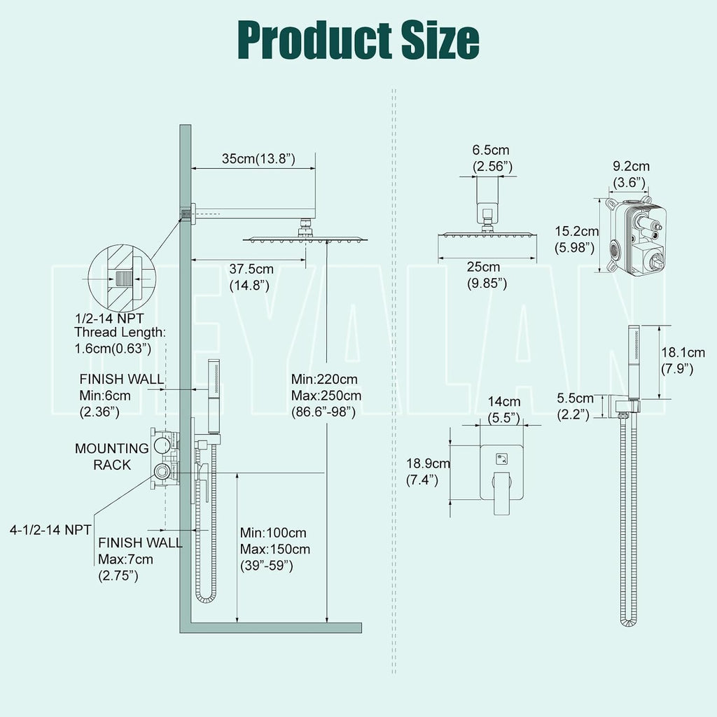 Heyalan Shower System Square Rain Shower System Head Shower Faucet Fixture 2 in 1 Handheld Shower Sprayer Rough in Valve Wall Mount Bathroom Rainfall Combo Set High Pressure,10 Inch,Matte Black