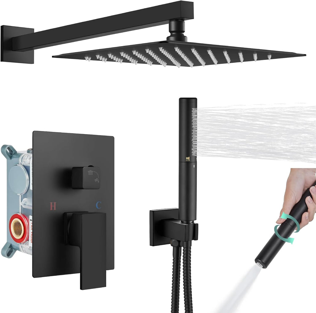 Heyalan Shower System Square Rain Shower System Head Shower Faucet Fixture 2 in 1 Handheld Shower Sprayer Rough in Valve Wall Mount Bathroom Rainfall Combo Set High Pressure,10 Inch,Matte Black