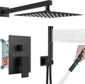 Heyalan Shower System Square Rain Shower System Head Shower Faucet Fixture 2 in 1 Handheld Shower Sprayer Rough in Valve Wall Mount Bathroom Rainfall Combo Set High Pressure,10 Inch,Matte Black