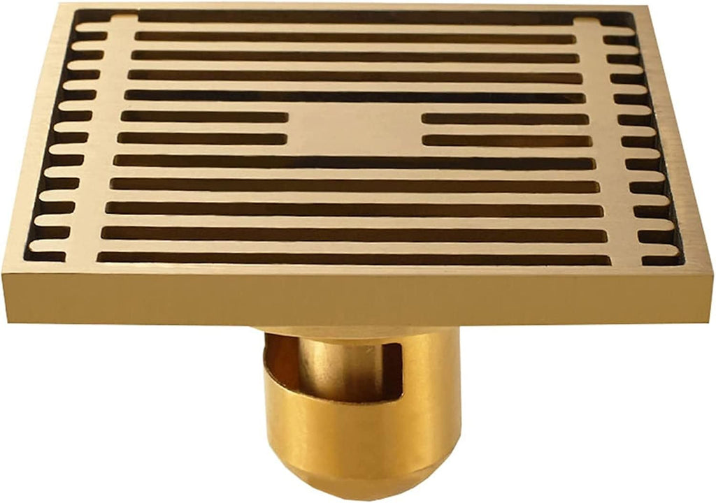 Square Shower Drain with Hair Strainer Brass Floor Drain for Kitchen Washroom Garage Basement Gold Finish 4 Inch