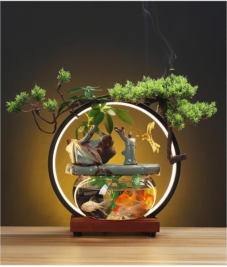 Fish Tank Feng Shui Tabletop Fountain with LED Light, Submersible Water Pump, No Filter or Battery Needed, Small Waterfall Fountain for Indoor Outdoor Garden Decoration (C)(D)