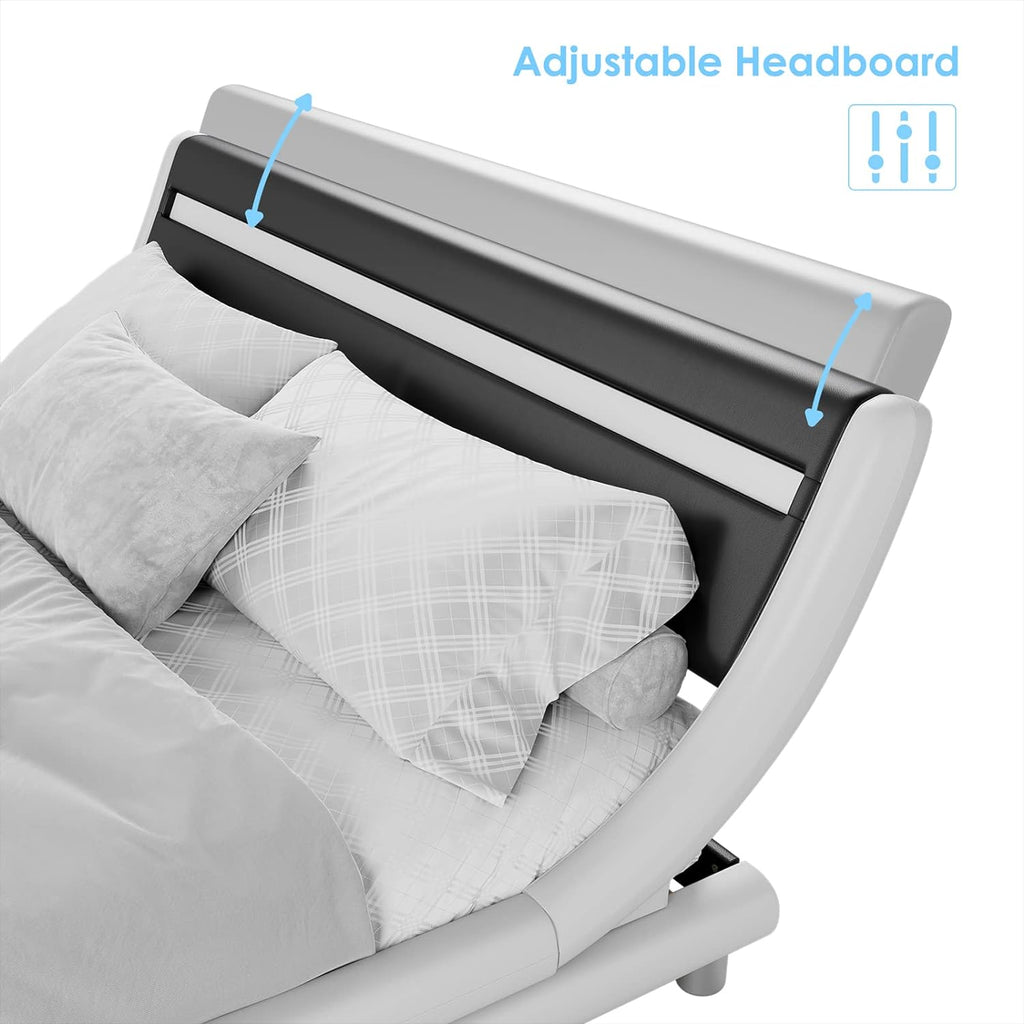 Keyluv Upholstered Queen LED Bed Frame with Headboard, Modern Low Profile Platform Bed with Strong Slats Support, Faux Leather Wave-Like Bed Frame, Easy Assembly, No Box Spring Needed, Blackwhite