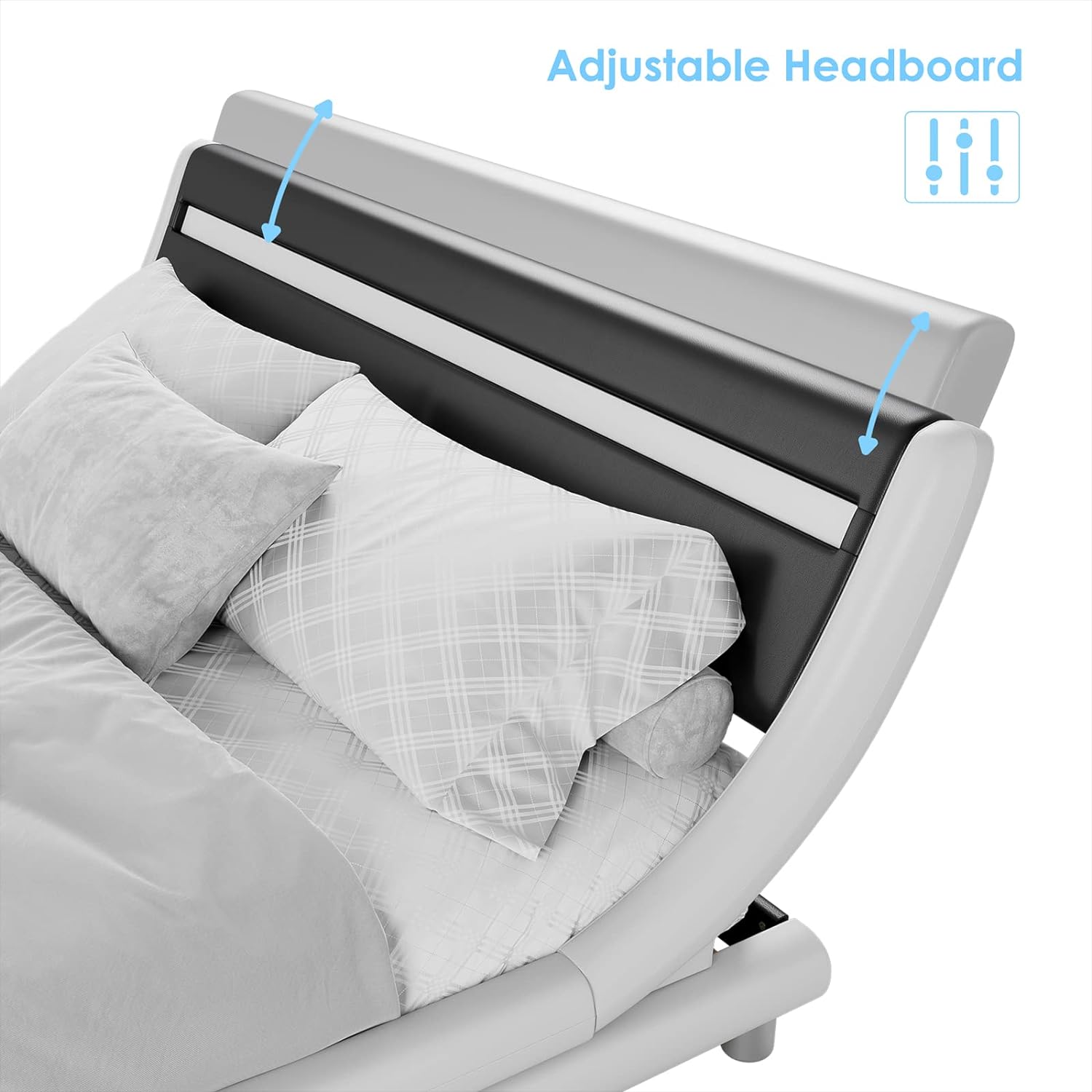 Keyluv Upholstered Queen LED Bed Frame with Headboard, Modern Low Profile Platform Bed with Strong Slats Support, Faux Leather Wave-Like Bed Frame, Easy Assembly, No Box Spring Needed, Blackwhite
