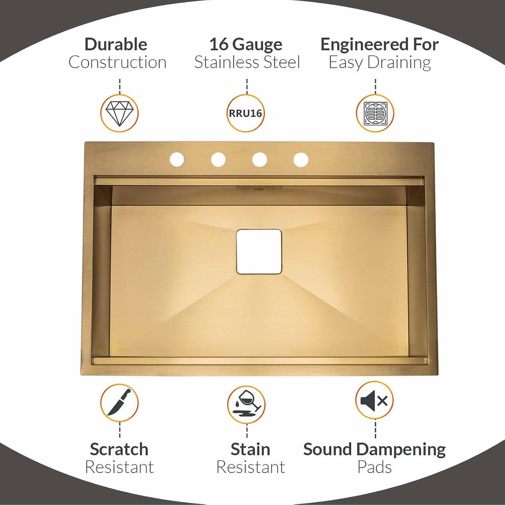 Strictly Sinks 33' Topmount Kitchen Workstation Sink Gold Single Bowl 16 Gauge Stainless Steel Drop In Sink With Colander, Cutting Board, Bottom Grid, 1 Square Disposal Adapter, & 1 Strainer Drain