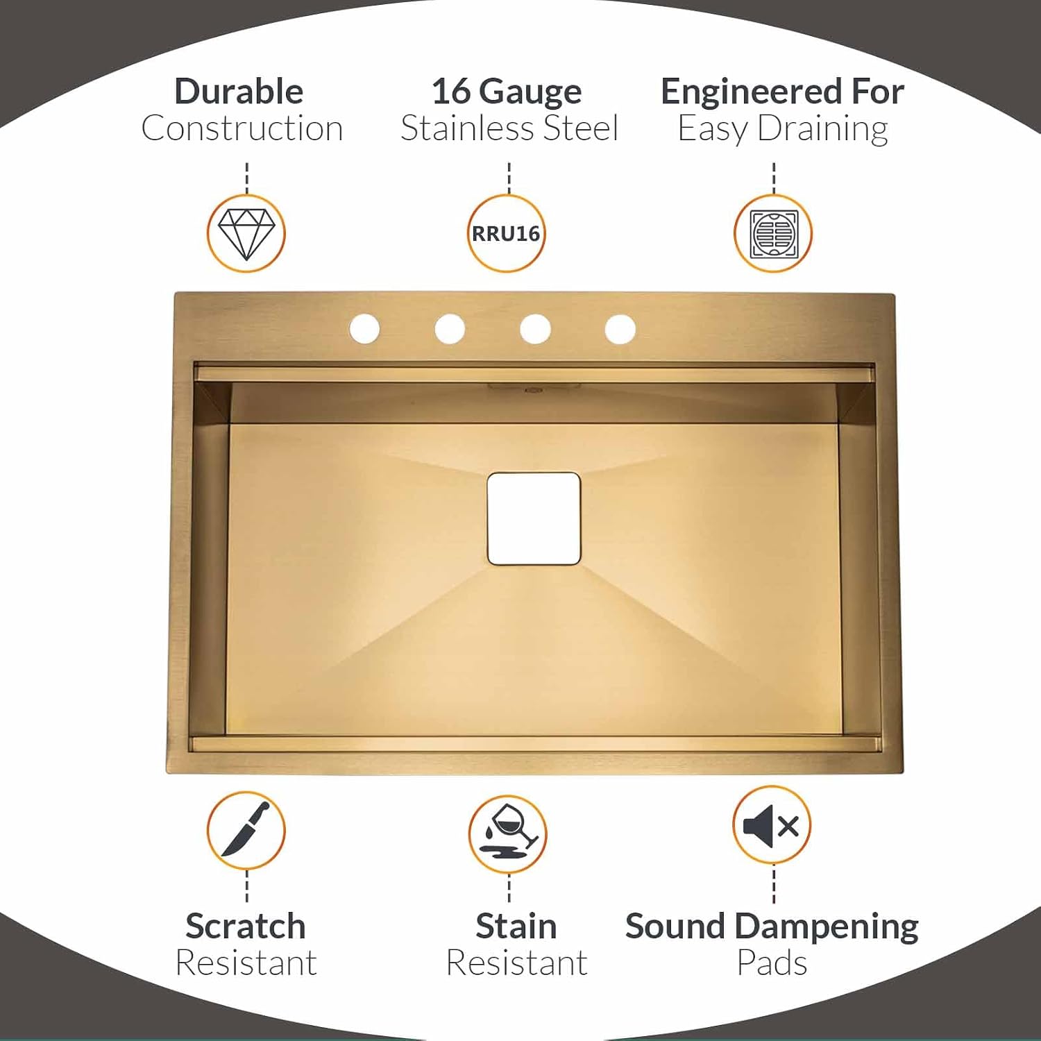 Strictly Sinks 33' Topmount Kitchen Workstation Sink Gold Single Bowl 16 Gauge Stainless Steel Drop In Sink With Colander, Cutting Board, Bottom Grid, 1 Square Disposal Adapter, & 1 Strainer Drain