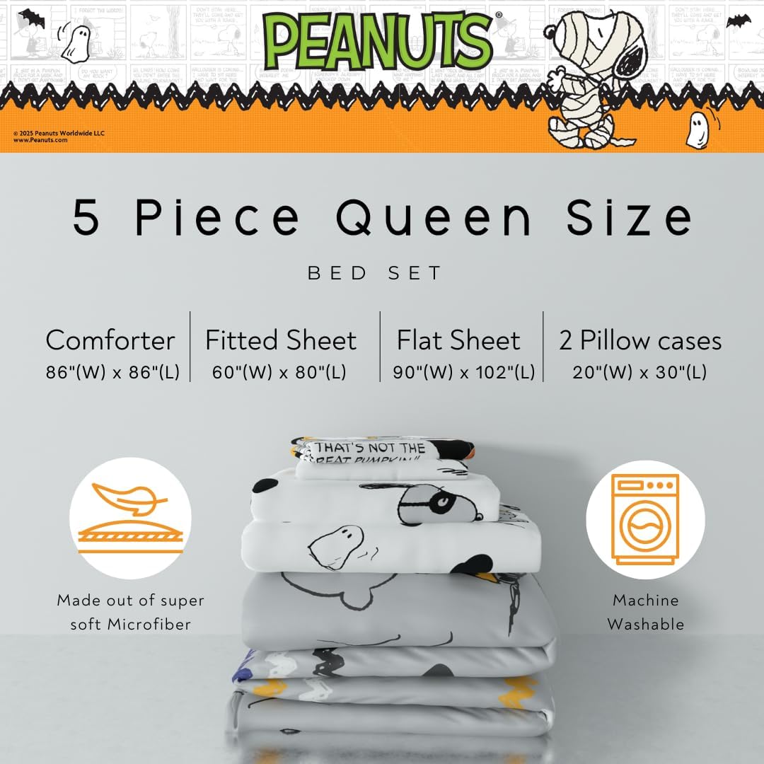 Peanuts Halloween Queen Bed Set – Super Soft & Cozy 5 Piece Reversible Comforter and Sheet Set Featuring Snoopy & Charlie Brown, (Official Peanuts® Product) by Franco