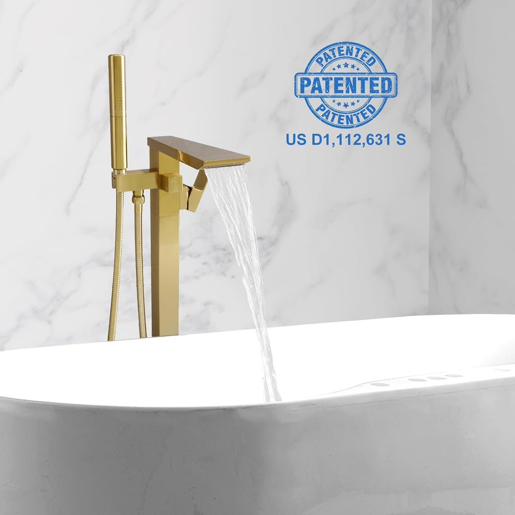 RUMOSE Brushed Gold Bathtub Filler Freestanding Tub Filler Floor Mount Tub Faucet Waterfall Bathtub Faucet with CUPC Certified High Flow Brass Bath Shower Faucets with Handheld Sprayer