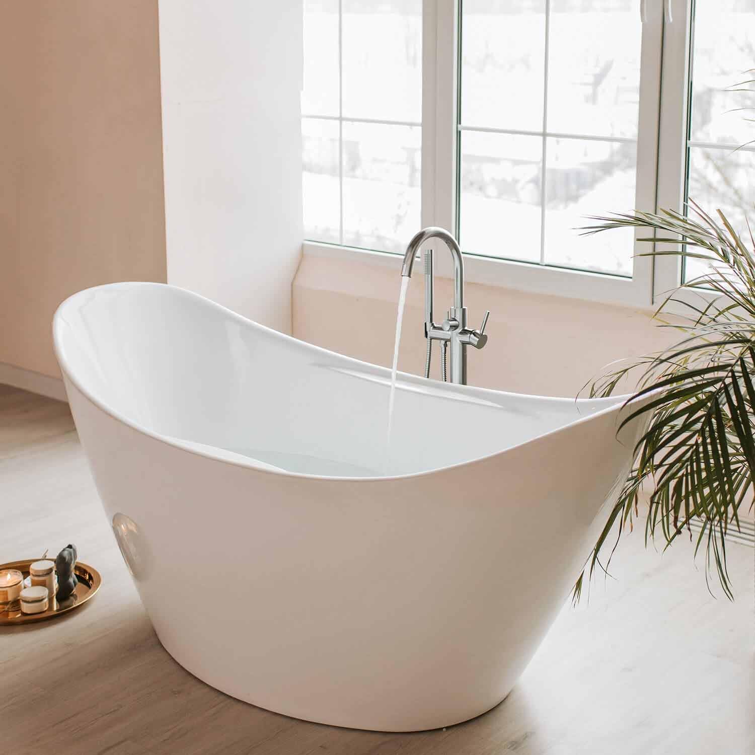 KIBI Circular Floor Mount Bathtub Faucet with Hand Shower | Single Handle Freestanding Tub Filler | Modern Bath Faucet | Chrome Finish | Solid Brass | KTF301