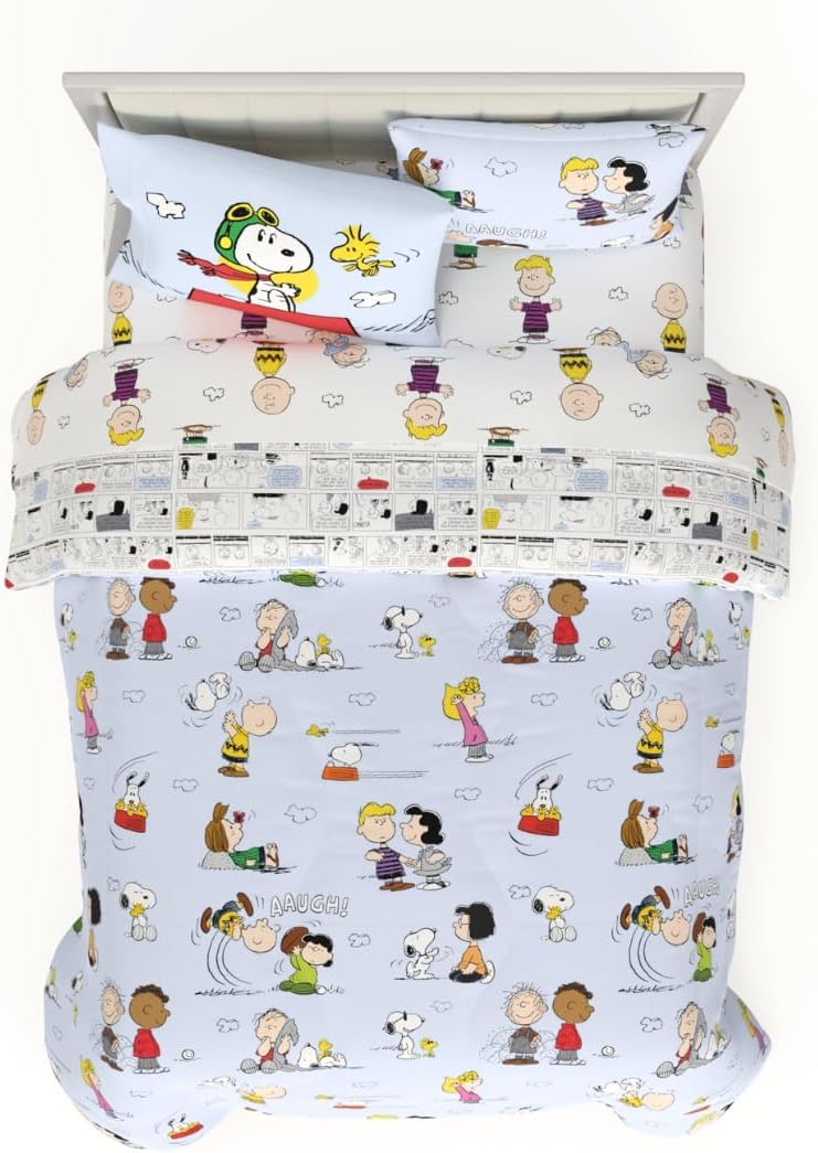 Peanuts Charlie Brown, Snoopy & Gang Bedding, 7 Piece Super Soft Cozy Reversible Comforter and Sheet Set with Sham, Queen, (100% Official Licensed Product) by Franco Collectibles