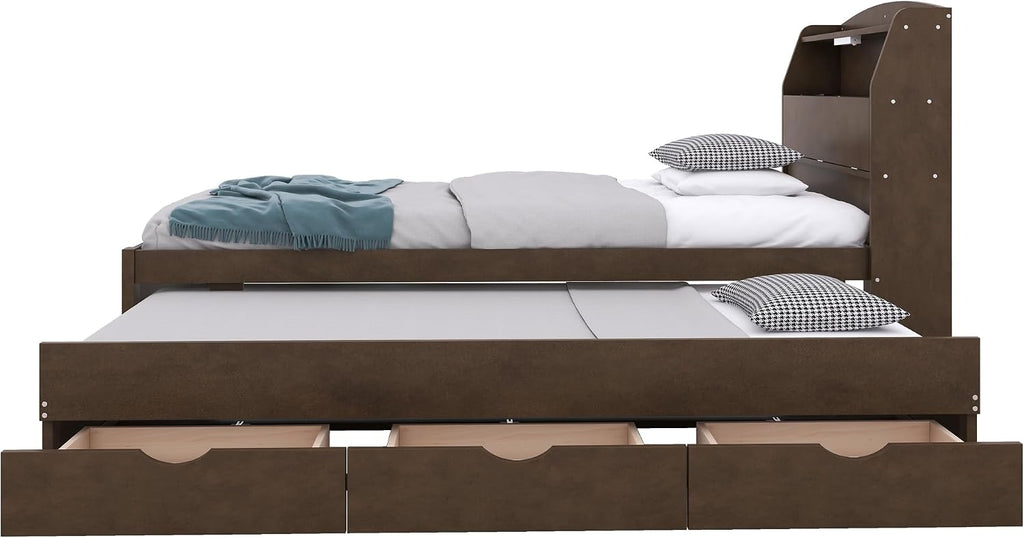 Multi-Function Twin Size Platform Bed with Trundle and 3 Drawers, Wood Captain Platform Bed Frame with Storage Headboard and Night Light, Maximized Space, Brown-d1