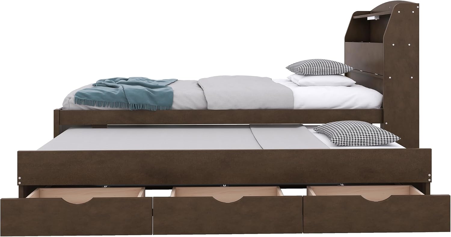 Multi-Function Twin Size Platform Bed with Trundle and 3 Drawers, Wood Captain Platform Bed Frame with Storage Headboard and Night Light, Maximized Space, Brown-d1