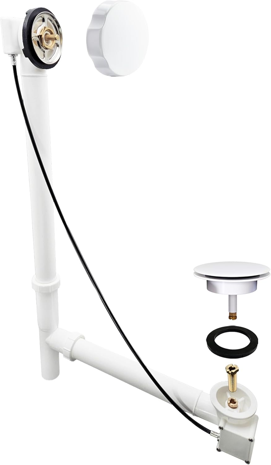 Westbrass A50P27TLE-50 27' Cable Drive Bath Drain Trim Kit with Rotary Overflow Cover Knob, European Stopper and Poly Tubular Pipes, White